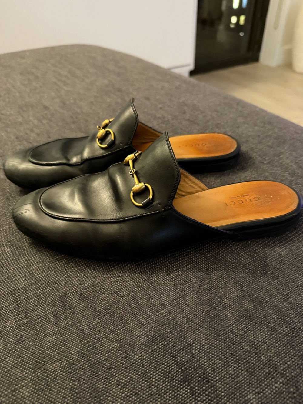 Gucci Black Leather Horsebit Slip-On Leather Mules